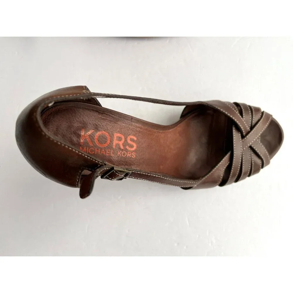 Michael Kors Brown Woven Strappy Wooden Heels, Size 8 (US)